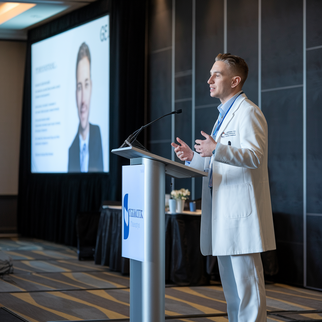 Healthcare executive presenting at a conference with their professional headshot displayed on the event slide deck, projecting authority and expertise.