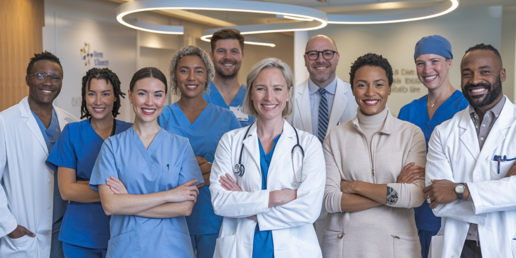 Professional healthcare team posing together in a modern medical facility, highlighting unity, diversity, and a commitment to excellence with coordinated business headshots.